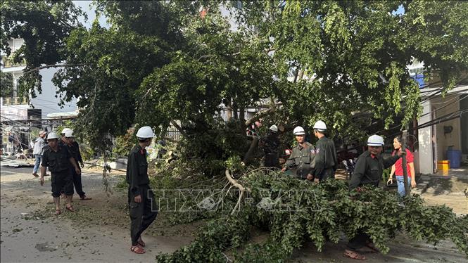 Lực lượng công an hỗ trợ cắt tỉa cây ngã đổ. Ảnh: Tường Quân - TTXVN