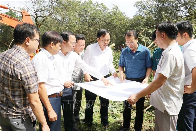 Chủ tịch UBND phường Bình Phước Ngô Hồng Khang (thứ 6, từ tráii qua) cùng lãnh đạo phường và các đơn vị liên quan kiểm tra thực địa bàn giao mặt bằng cho Dự án. Ảnh: Nhật Bình – TTXVN