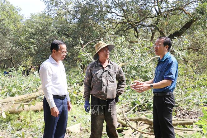 Chủ tịch UBND phường Bình Phước Ngô Hồng Khang (phải) trao đổi với người dân tại buổi bàn giao mặt bằng cho Dự án. Ảnh: Nhật Bình – TTXVN