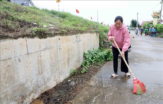 Bà Lê Thị Thu, thôn Thị Giang xã Tống Trân (Hưng Yên) tham gia quét rọn làm sạch vệ sinh môi trường trên địa bàn. Ảnh: Mạnh Khánh-TTXVN