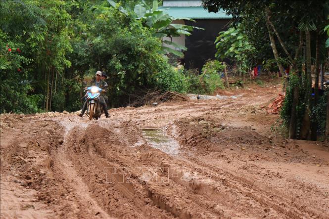 Mưa lũ khiến 3,5km trên tuyến đường Sơn Tinh - Sơn Thượng, xã Sơn Tây Hạ, lầy lội, gây khó khăn cho người dân. Ảnh: Phạm Cường-TTXVN