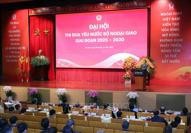 Đồng chí Lê Hoài Trung, Bí thư Trung ương Đảng, Bí thư Đảng ủy, Bộ trưởng Bộ Ngoại giao phát biểu. Ảnh: An Đăng - TTXVN