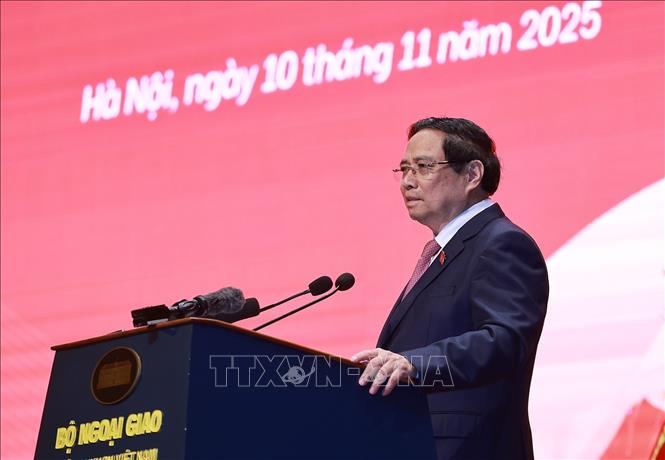 Thủ tướng Phạm Minh Chính phát biểu tại Đại hội Thi đua yêu nước Bộ Ngoại giao giai đoạn 2025-2030. Ảnh: Dương Giang-TTXVN
