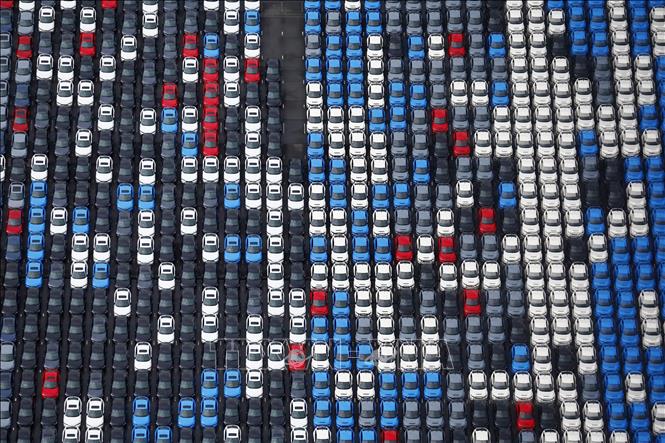 Ô tô chờ xuất khẩu tại cảng ở Yokohama, Nhật Bản. Ảnh: Kyodo/TTXVN