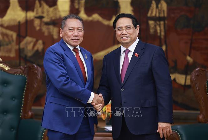 Prime Minister Pham Minh Chinh receives Solomon Islands Minister of Foreign Affairs and External Trade Peter Shanel Agovaka. VNA Photo: Dương Giang