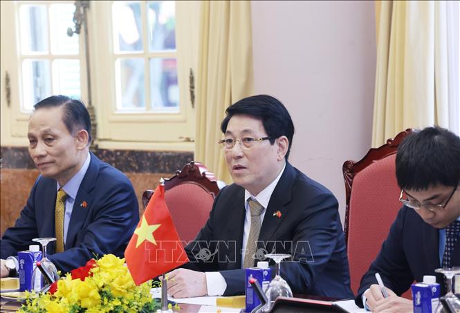 Chủ tịch nước Lương Cường phát biểu tại cuộc hội đàm với Quốc vương Jordan Abdullah II Ibn Al Hussein. Ảnh: Lâm Khánh – TTXVN