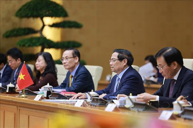 Thủ tướng Phạm Minh Chính phát biểu tại cuộc hội kiến Quốc vương Jordan Abdullah II Ibn Al Hussein. Ảnh: Dương Giang-TTXVN 
