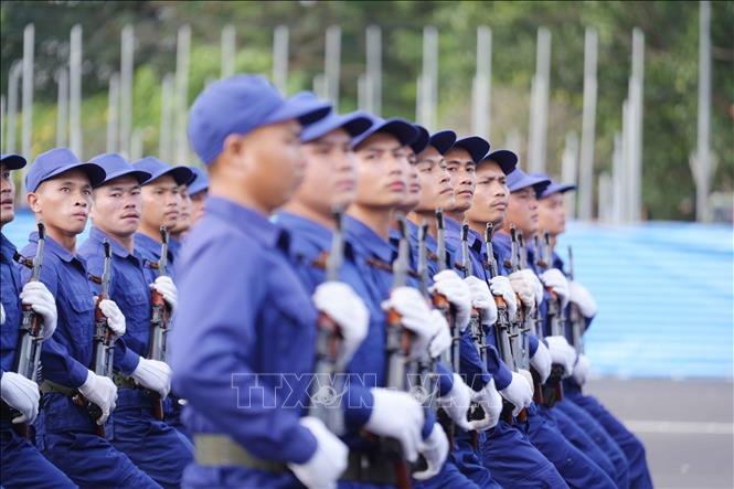 Một khối thuộc Bộ Quốc phòng Lào tham gia hợp luyện diễu binh, diễu hành. Ảnh: Đỗ Bá Thành - PV TTXVN tại Lào
