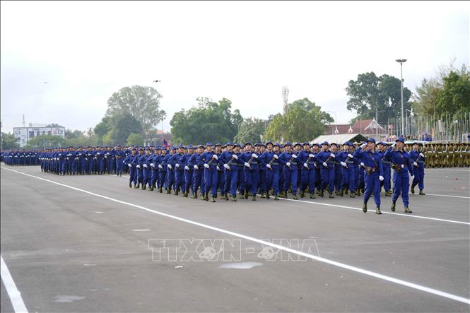 Các lực lượng tham gia đã thể hiện tinh thần kỷ luật, ý chí quyết tâm cao và phong thái chính quy, sẵn sàng cho lễ diễu binh, diễu hành trọng thể sẽ được tổ chức vào dịp Quốc khánh sắp tới. Ảnh: Đỗ Bá Thành - PV TTXVN tại Lào