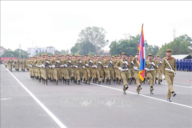Một khối thuộc Bộ Công an Lào tham gia hợp luyện diễu binh, diễu hành. Ảnh: Đỗ Bá Thành - PV TTXVN tại Lào