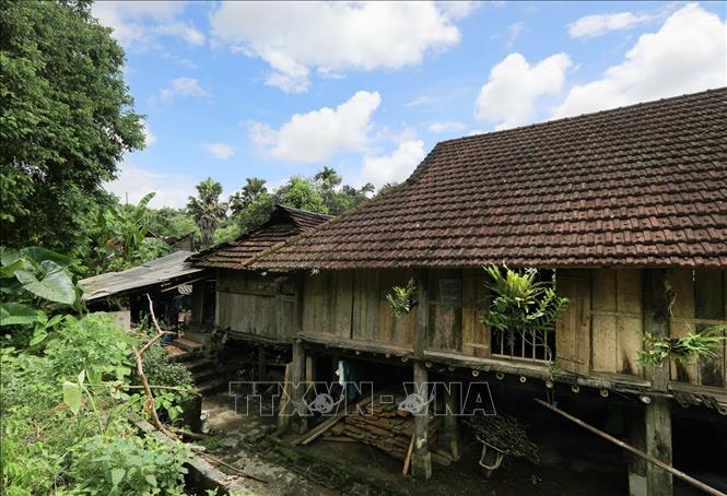 Những ngôi nhà sàn trầm mặc bên lối đi quanh co, nối tiếp nhau, không cổng vào, không ngăn cách. Ảnh: Trọng Đạt-TTXVN