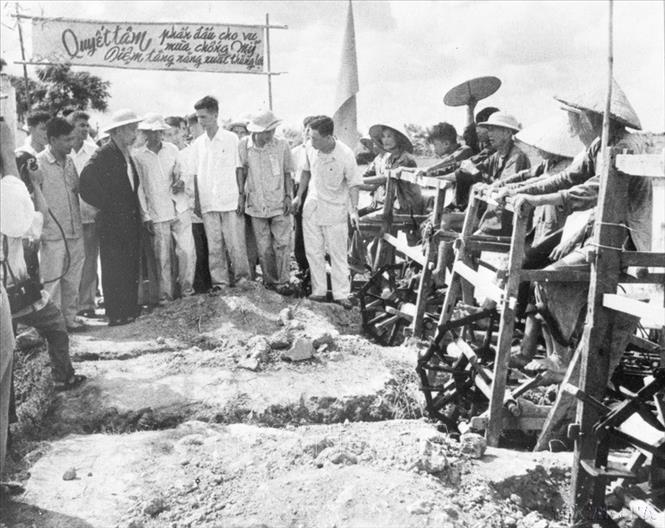 Trong quan điểm về phát triển các ngành kinh tế, Chủ tịch Hồ Chí Minh rất coi trọng nông nghiệp, vì nền nông nghiệp phát triển sẽ làm cho đời sống của nông dân nói riêng và nhân dân nói chung được nâng cao. Trong ảnh: Chủ tịch Hồ Chí Minh kiểm tra công tác phòng chống úng của nông dân xã Hiệp Lực, huyện Ninh Giang, tỉnh Hải Dương (26/7/1962). Ảnh: TTXVN