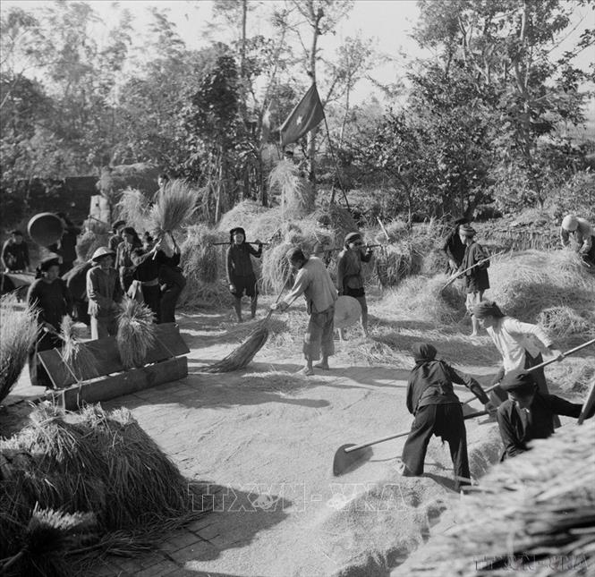 Ngay sau khi giành độc lập, Nhà nước Việt Nam Dân chủ Cộng hòa xác định quản lý tài nguyên và bảo vệ môi trường là nhiệm vụ trọng yếu, gắn liền với an sinh và đời sống nhân dân. Trong ảnh: Trong không khí vui mừng được mùa và cải cách ruộng đất toàn thắng, các tổ đổi công đang thi đua sản xuất tập đoàn (1956). Ảnh: Trần Quang Lượng - TTXVN