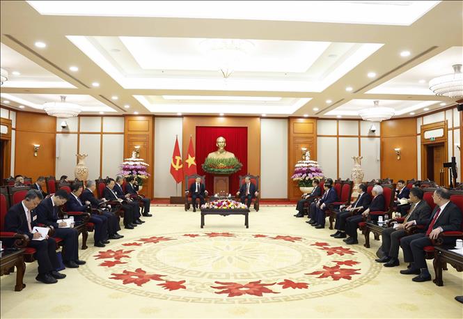 Tổng Bí thư Tô Lâm tiếp đồng chí Lý Thư Lỗi, Ủy viên Bộ Chính trị, Bí thư Ban Bí thư, Trưởng Ban Tuyên truyền Trung ương, Đảng Cộng sản Trung Quốc. Ảnh: Thống Nhất - TTXVN