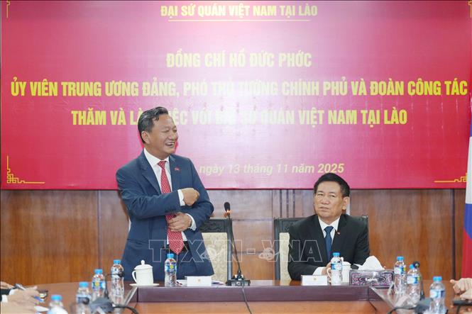 Đại sứ Việt Nam tại Lào Nguyễn Minh Tâm báo cáo tình hình với Phó Thủ tướng Hồ Đức Phớc. Ảnh: Đỗ Bá Thành-PV TTXVN tại Lào