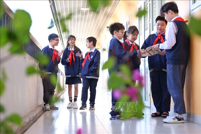 Mỗi góc sân, mỗi góc hành lang của trường là không gian xanh mát, thân thiện để học sinh hòa mình với thiên nhiên. Ảnh: Thanh Tùng - TTXVN