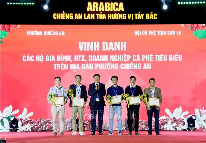 Khen thưởng các tập thể, doanh nghiệp, hợp tác xã tại Lễ khai mạc Ngày hội Cà phê phường Chiềng An. Ảnh: Quang Quyết - TTXVN