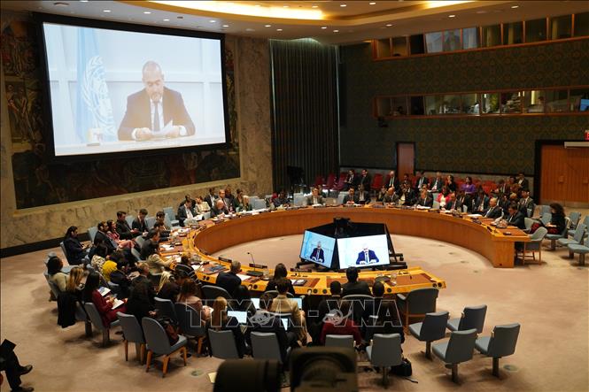 Ngày 13/11/2025, Mỹ đã lưu hành một dự thảo nghị quyết sửa đổi của Hội đồng Bảo an LHQ, trong đó cho phép thành lập một chính quyền chuyển tiếp tại Dải Gaza có nhiệm kỳ 2 năm và một lực lượng quốc tế để giám sát an ninh cũng như đảm bảo vấn đề phi quân sự hóa tại dải đất ven Địa Trung Hải này. Nga cũng đang lưu hành một dự thảo nghị quyết riêng, được truyền cảm hứng từ đề xuất của Mỹ nhưng có thêm cách tiếp cận “cân bằng và thống nhất” nhằm hướng đến ngừng bắn bền vững tại Gaza. Ảnh: Toàn cảnh phiên họp của Hội đồng Bảo an LHQ về Gaza. Ảnh: THX/TTXVN