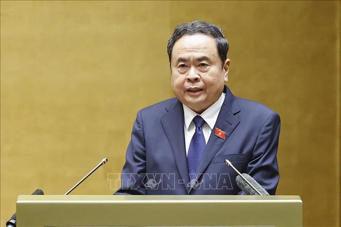 Chủ tịch Quốc hội Trần Thanh Mẫn, Chủ tịch Hội đồng Bầu cử Quốc gia phát biểu khai mạc Hội nghị. Ảnh: Doãn Tấn - TTXVN