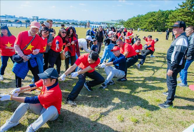 Đội kéo co của Đại sứ quán Việt Nam hăng hái tranh tài với các bạn. Ảnh: Xuân Giao – PV TTXVN tại Nhật Bản