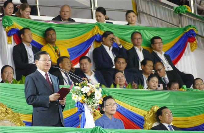 Tổng Bí thư, Chủ tịch nước Lào Thongloun Sisoulith phát biểu khai mạc Đại hội Thể thao toàn quốc lần thứ 12 - năm 2025. Ảnh: Xuân Tú - PV TTXVN tại Lào