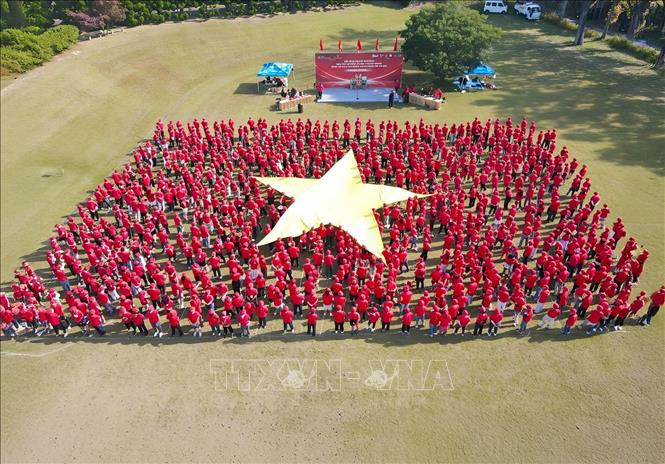 Hình ảnh Quốc kỳ Việt Nam xếp từ 15 khối đại diện cho 15 thành phần trong cộng đồng với hơn 1.000 người tham dự. Ảnh: Xuân Giao - PV TTXVN tại Nhật Bản