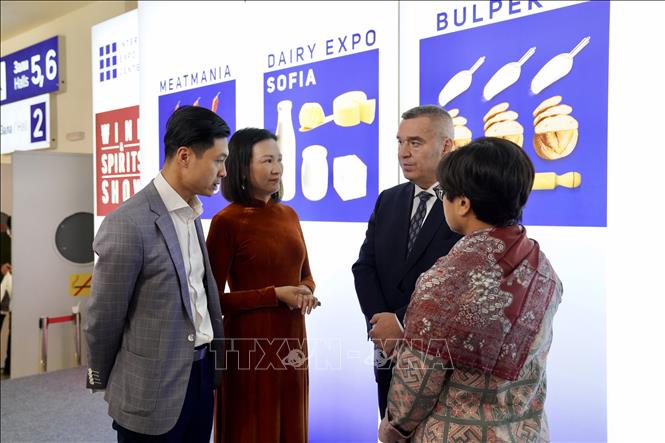 Đại sứ Việt Nam tại Bulgaria Nguyễn Minh Nguyệt trao đổi với đại diện ngoại giao đoàn tại Sofia. Ảnh TTVN phát                     