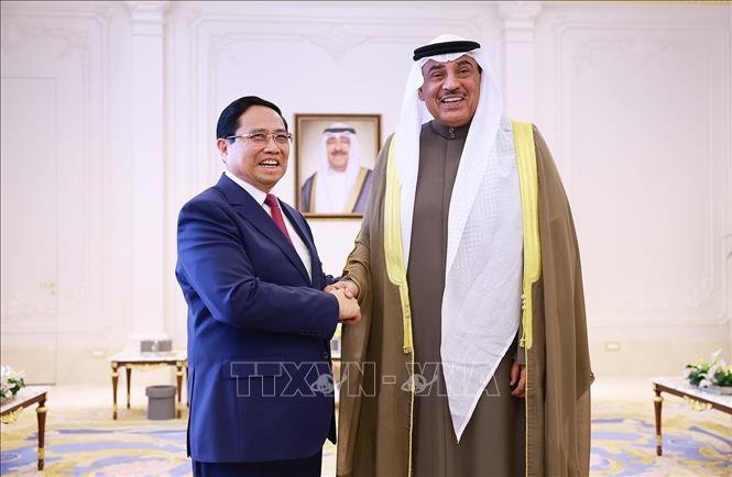 Thủ tướng Phạm Minh Chính hội kiến Hoàng Thái tử Kuwait Sheikh Sabah Al-Khaled Al-Hamad Al-Sabah. Ảnh: Dương Giang-TTXVN

