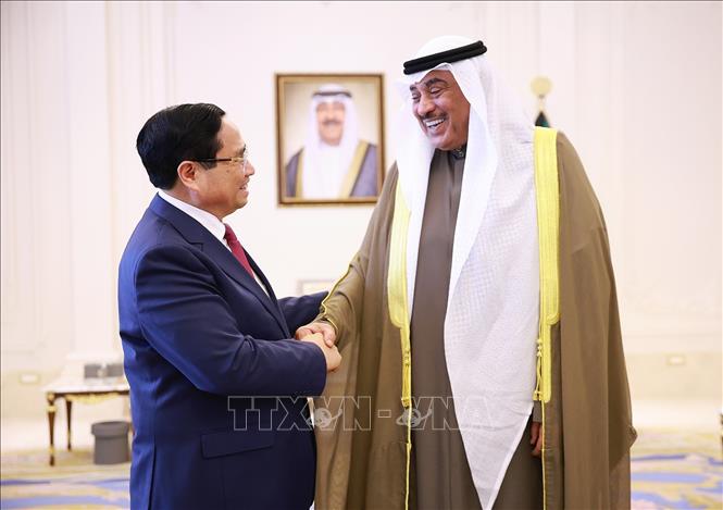 Thủ tướng Phạm Minh Chính hội kiến Hoàng Thái tử Kuwait Sheikh Sabah Al-Khaled Al-Hamad Al-Sabah. Ảnh: Dương Giang-TTXVN
