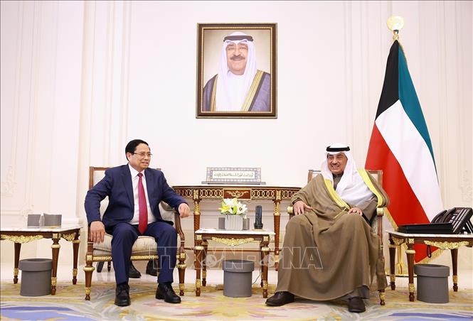Thủ tướng Phạm Minh Chính hội kiến Hoàng Thái tử Kuwait Sheikh Sabah Al-Khaled Al-Hamad Al-Sabah. Ảnh: Dương Giang-TTXVN
