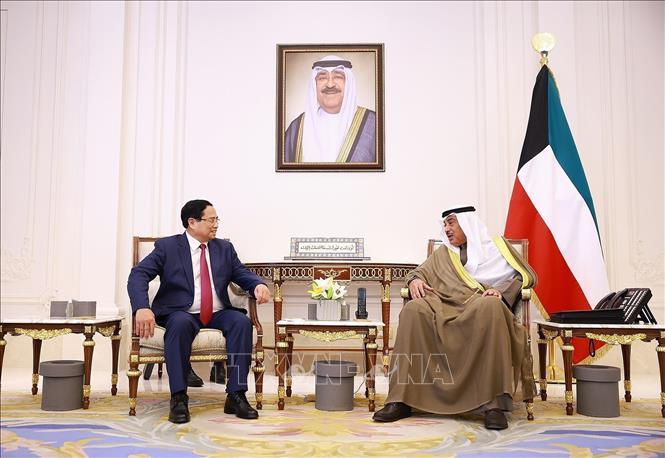 Thủ tướng Phạm Minh Chính hội kiến Hoàng Thái tử Kuwait Sheikh Sabah Al-Khaled Al-Hamad Al-Sabah. Ảnh: Dương Giang-TTXVN
