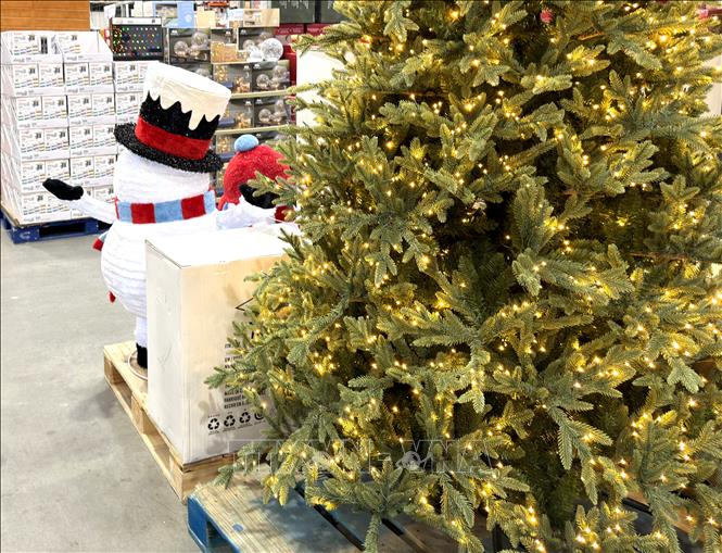 Cây thông Noel giả cùng người tuyết bằng bông được bày bán tại một siêu thị ở bang Maryland. Ảnh: Ngọc Quang, PV TTXVN tại Mỹ.