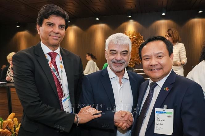 Đại sứ Bùi Văn Nghị và Thượng nghị sĩ Brazil Humberto Costa tại Hội nghị Nghị viện bên lề COP30. Ảnh: TTXVN phát