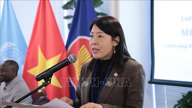 Bà Xiaohong Li, Trưởng văn phòng LHQ về chống Ma túy và Tội phạm (UNODC) tại New York phát biểu tại buổi lễ. Ảnh: Thanh Tuấn - Phóng viên TTXVN tại Mỹ