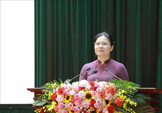 Đồng chí Hà Thị Nga, Ủy viên Trung ương Đảng, Phó Chủ tịch Ủy ban Trung ương MTTQ Việt Nam, phát biểu chỉ đạo Đại hội. Ảnh: Nguyễn Cường - TTXVN. 
