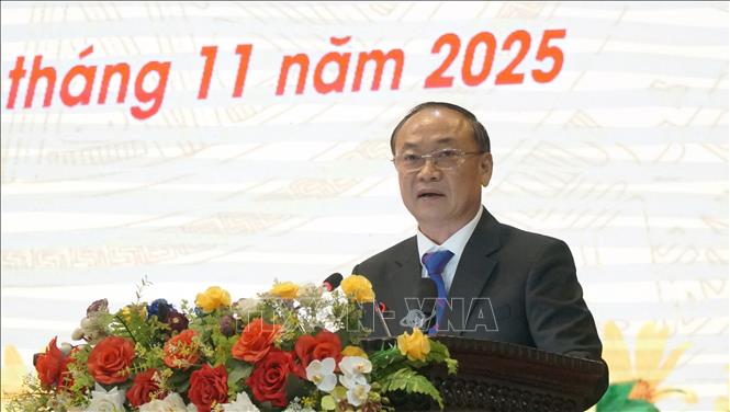 Thượng tướng Thái Đại Ngọc, Ủy viên Ban Chấp hành Trung ương Đảng, Bí thư Tỉnh ủy Gia Lai, phát biểu tại Hội thảo. Ảnh: Hồng Điệp - TTXVN                