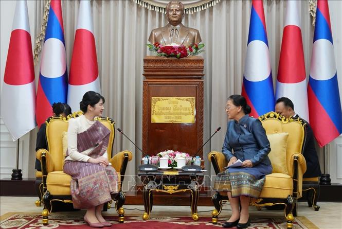 Công chúa Nhật Bản Aiko (trái) và Phó Chủ tịch nước Lào Pany Yathotou tại buổi tiếp. Ảnh: TTXVN phát