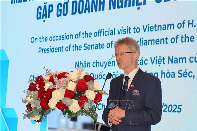 Chủ tịch thượng viện Quốc hội nước Cộng hoà Séc Milos Vystrcil phát biểu tại buổi gặp gỡ doanh nghiệp Việt Nam và Séc. Ảnh: Thanh Vũ-TTXVN
