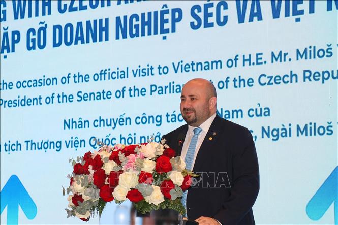 Đại diện doanh nghiệp Công hòa Séc phát biểu tại buổi gặp gỡ với Chủ tịch thượng viện Quốc hội nước Cộng hoà Séc Milos Vystrcil. Ảnh: Thanh Vũ-TTXVN
