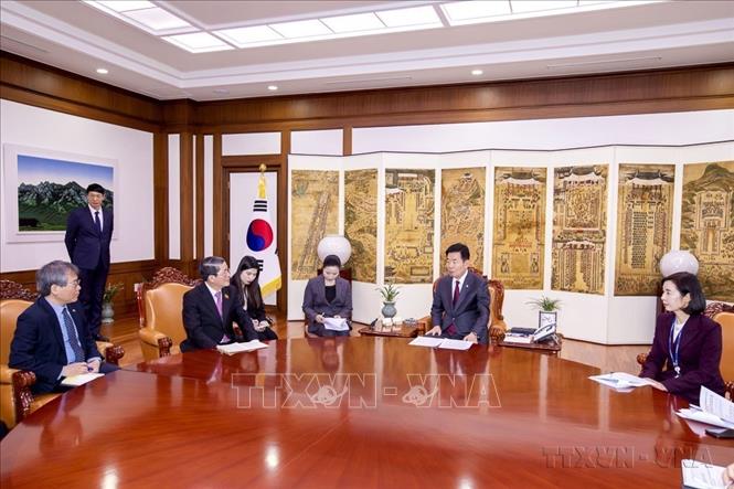 Phó Chủ tịch Quốc hội Nguyễn Đức Hải đến chào xã giao Chủ tịch Quốc hội Hàn Quốc Kim Jin-pyo tại Trụ sở Quốc hội Hàn Quốc, chiều 21/03/2023. Ảnh: Anh Nguyên - TTXVN