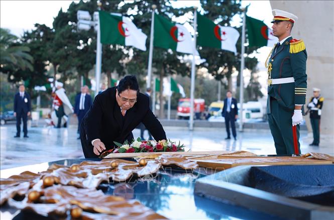 Thủ tướng Phạm Minh Chính đặt vòng hoa tại Đài tưởng niệm Liệt sĩ Algeria. Ảnh: Dương Giang-TTXVN 
