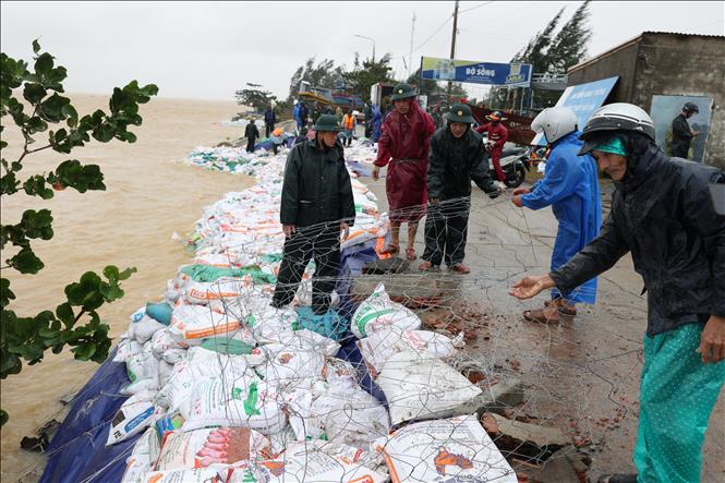 Rọ sắt được sử dụng để chống sạt lở bờ kè. Ảnh: Anh Dũng – TTXVN