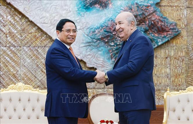 Thủ tướng Phạm Minh Chính hội kiến Tổng thống Algeria Abdelmadjid Tebboune. Ảnh: Dương Giang-TTXVN 