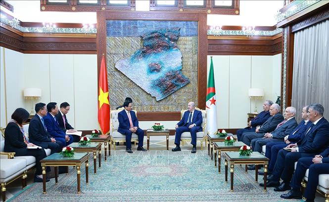 Thủ tướng Phạm Minh Chính hội kiến Tổng thống Algeria Abdelmadjid Tebboune. Ảnh: Dương Giang-TTXVN 