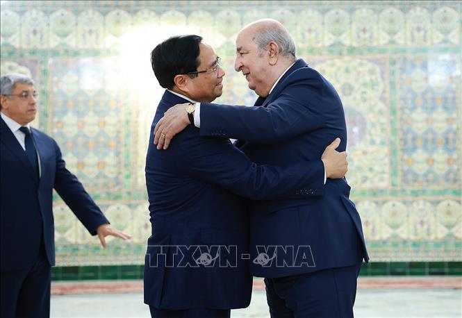 Thủ tướng Phạm Minh Chính hội kiến Tổng thống Algeria Abdelmadjid Tebboune. Ảnh: Dương Giang-TTXVN 