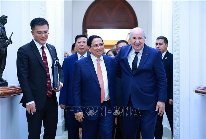 Thủ tướng Phạm Minh Chính hội kiến Tổng thống Algeria Abdelmadjid Tebboune. Ảnh: Dương Giang-TTXVN
