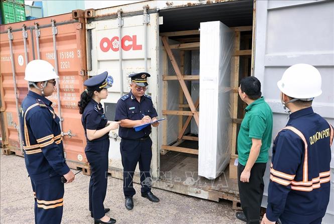 Lực lượng Hải quan Chi cục khu vực XIV phối hợp với Ban quản lý cảng, kiểm tra hàng hoá xuất khẩu ở cảng Quy Nhơn, tỉnh Gia Lai. Ảnh: Vũ Sinh – TTXVN