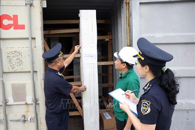 Lực lượng Hải quan Chi cục khu vực XIV kiểm tra hàng hoá xuất khẩu ở cảng Quy Nhơn, tỉnh Gia Lai. Ảnh: Vũ Sinh – TTXVN