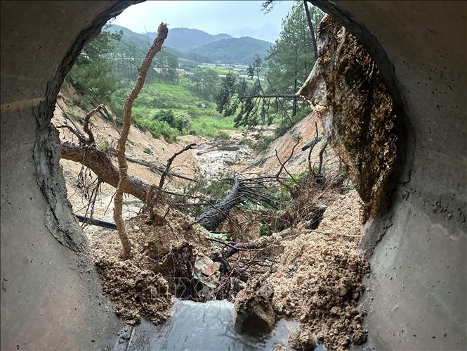 Khu vực bị sụt lún có 1 cống thoát nước tròn chạy qua nền đường có thể là nguyên nhân gây sụt lún. Ảnh: Chu Quốc Hùng - TTXVN