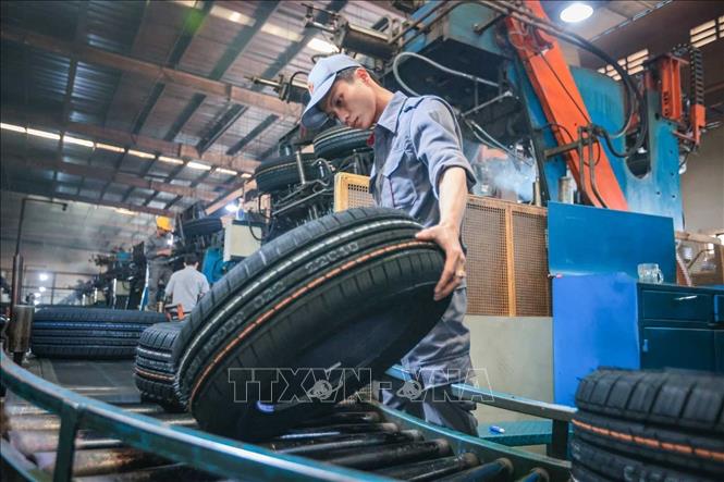 Công nhân kiểm tra ngoại quan lốp sau lưu hoá. Ảnh: Hoàng Hiếu - TTXVN